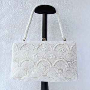 50s White Beaded Art Deco Style Purse Clutch